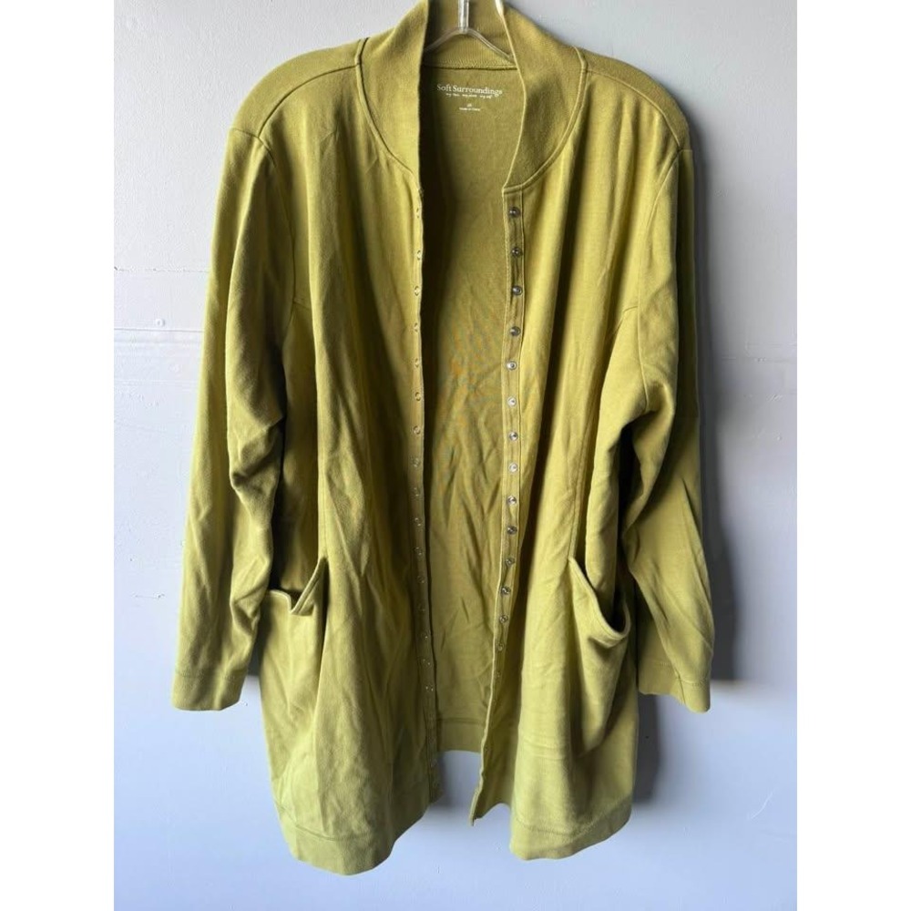 Soft Surroundings Women 2X Chartreuse Green Snap Front Cardigan Jersey Jacket